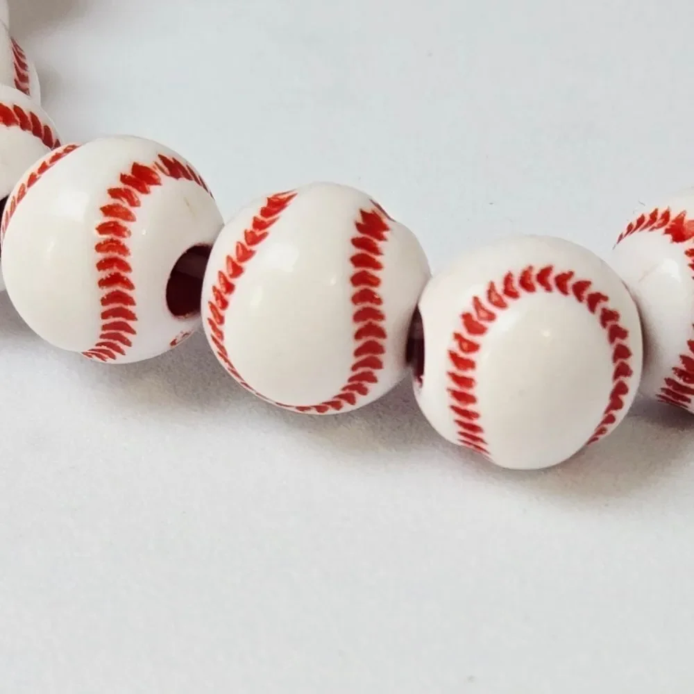 Baseball Beaded Bracelet White Red Stitch Acrylic Stretch Sports Bracelet Gift